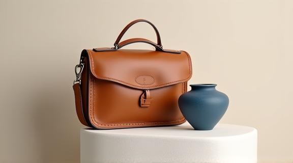 Finished bespoke leather bag and ceramic jar on display