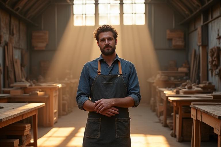Featured woodworker in sunlit studio